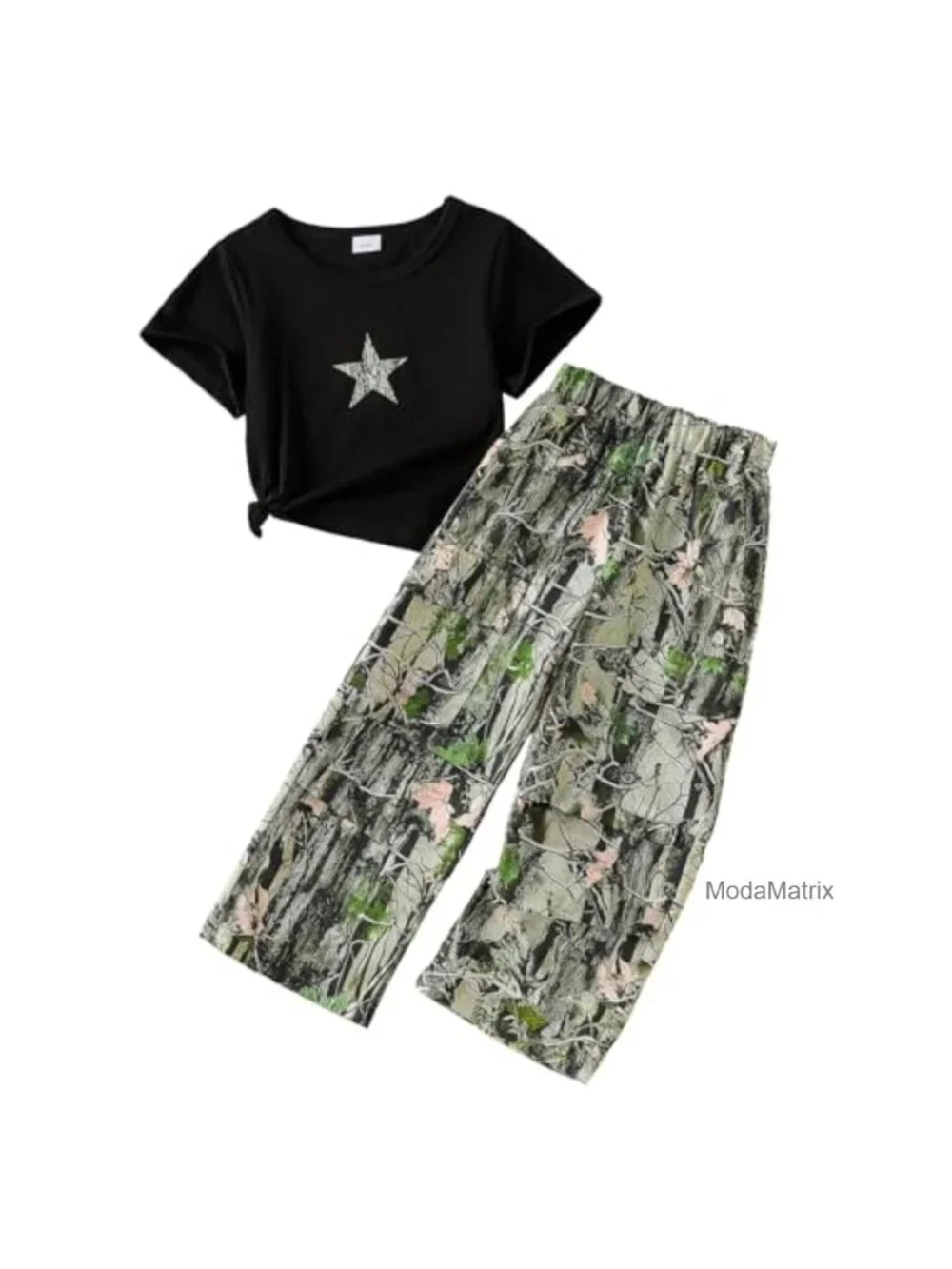 Girls 2-Piece T-Shirt & Wide-Leg Cargo Pants Set with Pockets